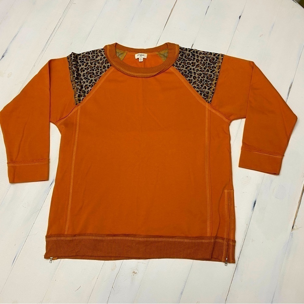 Umgee French Terry, animal print raw edge detail tunic with side slits medium